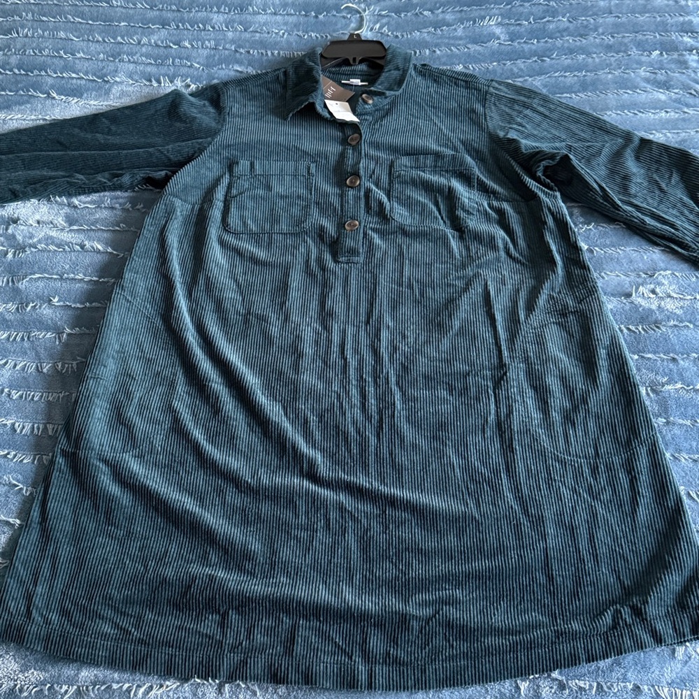 New with Tags J. Jill Soft Corduroy Shirtdress in Peacock Blue, women’s size XL.